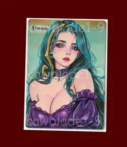 Hand Painted Altered MTG Card, Swamp, Anime Girl, by Cawblade - Image 1