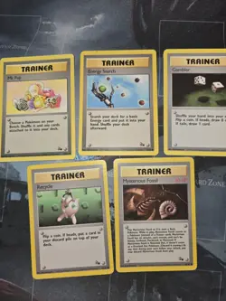 Fossil Trainer 5-Card Lot Mr. Fuji, Energy Search, Recycle, Gambler Pokemon - Image 1
