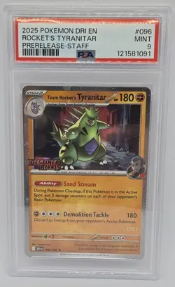 POKEMON PSA 9 - TEAM ROCKET'S TYRANITAR STAFF PRERELEASE 096/182 SV10 HOLO 2025 - Image 1