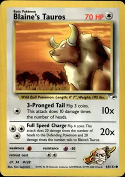 Pokemon Gym Heroes #064/132 Blaine's Tauros Common,First Edition Lightly played - Image 1