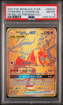 2021 POKEMON SM BLACK STAR PROMO #SM247 FULL ART/RESHIRAM & CHARIZARD GX PSA 8 - Image 1