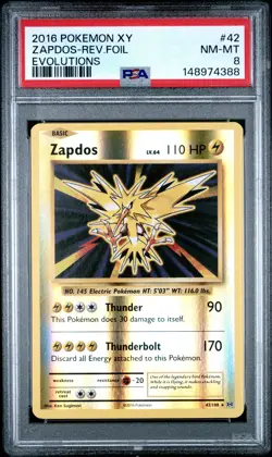 2016 POKEMON XY EVOLUTIONS #42 ZAPDOS-REVERSE FOIL PSA 8 - Image 1