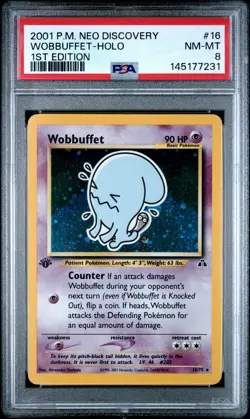 2001 POKEMON NEO DISCOVERY 1ST EDITION #16 WOBBUFFET-HOLO PSA 8 - Image 1