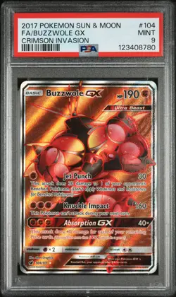 2017 POKEMON SUN & MOON CRIMSON INVASION #104 FULL ART/BUZZWOLE GX PSA 9 - Image 1