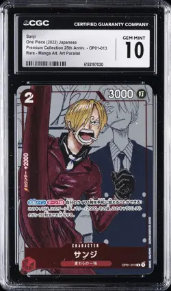2022 ONE PIECE JPN PREMIUM COLL 25TH ANV MANGA ALT ART #OP01-013 SANJI CGC 10 - Image 1