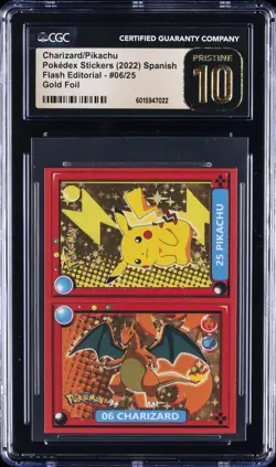 2022 POKEMON POKEDEX STICKERS SPANISH #06 CHARIZARD/PIKACHU CGC 10 PRISTINE - Image 1