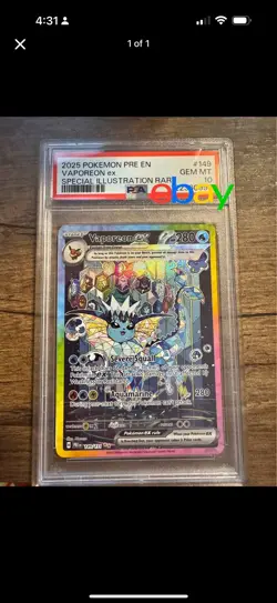 Pokemon 2025 Prismatic Evolution Special Illustration Rare Vaporeon EX PSA 10 - Image 1