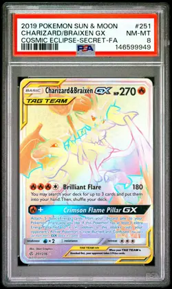 2019 POKEMON SUN & MOON COSMIC ECLIPSE FULL ART/CHARIZARD & BRAIXEN GX PSA 8 - Image 1