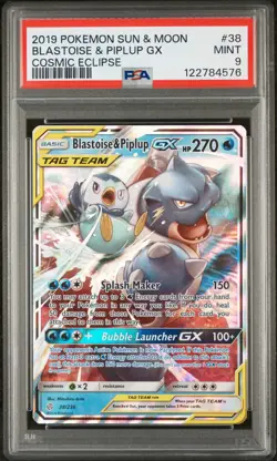 2019 POKEMON SUN & MOON COSMIC ECLIPSE #38 BLASTOISE & PIPLUP GX PSA 9 - Image 1