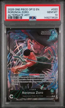 2025 ONE PIECE OP12-LEGACY OF THE MASTER ALTERNATE ART #020 RORONOA ZORO PSA 10 - Image 1