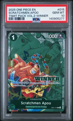 2025 ONE PIECE TOURNAMENT PACK VOL.2 WINNER #015 SCRATCHMEN APOO PSA 10 - Image 1