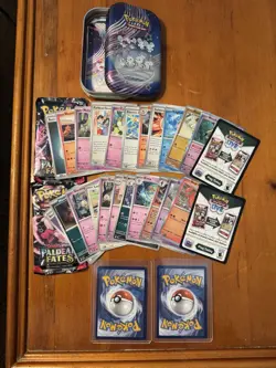 Pokemon Paldean Fates Tin OPENED With Bulk and 2 Hits #231, #226 - Image 2