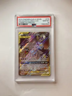 Pokemon Cosmic Eclipse Solgaleo & Lunala GX 216/236 Full Art Holo PSA 10 2019 - Image 1