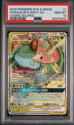 PSA 10 2019 POKEMON SUN & MOON #1 VENUSAUR & SNIVY GX COSMIC ECLIPSE Tag Team - Image 1