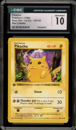 Pokemon Pikachu Base Set Shadowless 1st Edition Red Cheeks #58 CGC 10 Gem Mint - Image 1