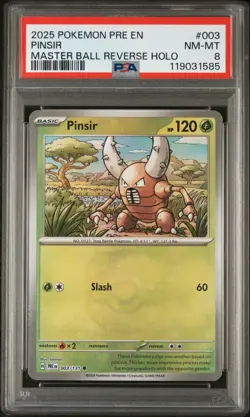 2025 Pokemon Prismatic Evolutions Master Ball Reverse Holo Pinsir 🪲#003 PSA 8 - Image 1