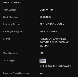 2021 Pokemon Japanese Sword & Shield Vmax Climax #101 FA /Umbreon Vmax PSA 10 - Image 3