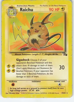 Raichu (29) 29/62 Fossil Rare Unlimited HP Pokemon - Image 1