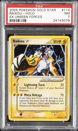 2005 POKEMON EX UNSEEN FORCES GOLD STAR #114 RAIKOU-HOLO PSA 7 - Image 1