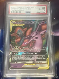 Espeon & Deoxys GX #72/236 PSA 8 2019 Pokemon Sun & Moon Unified Minds - Image 1