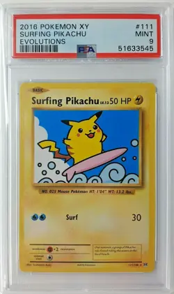 2016 Pokemon Surfing Pikachu 111/108 Secret Rare Evolutions - PSA 9 MINT - Image 1