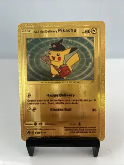 Pikachu Happy Delivery Metal Gold Foil Pokemon Card Fan Art Display Card HP60 - Image 1