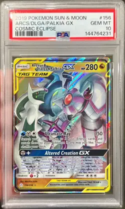 2019 Pokemon S & M Cosmic Eclipse Arceus Dialga & Palkia Tag Team 156/235 PSA 10 - Image 1