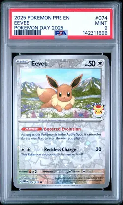 2025 POKEMON PRE EN-PRISMATIC EVOLUTIONS POKEMON DAY 2025 #074 EEVEE PSA 9 - Image 1