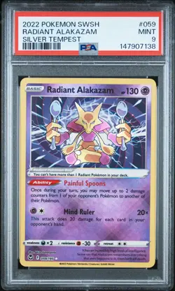 2022 POKEMON SWORD & SHIELD SILVER TEMPEST #059 RADIANT ALAKAZAM PSA 9 - Image 1