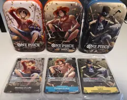 One Piece Tin Set Vol 2 Luffy P075 Ace P074 Sabo P073 Promos Sealed +Empty Tins - Image 1