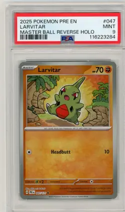 2025 Pokemon Prismatic Evolutions Larvitar Master Ball Reverse Holo #047 PSA 9 - Image 1