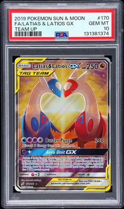 2019 POKEMON SUN & MOON TEAM UP #170 FULL ART/LATIAS & LATIOS GX PSA 10 - Image 1