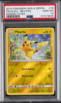 2019 POKEMON SUN & MOON HIDDEN FATES #19 PIKACHU-REVERSE FOIL PSA 10 - Image 1