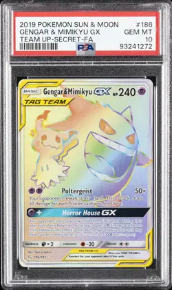 2019 POKEMON SUN & MOON TEAM UP SECRET #186 FULL ART/GENGAR & MIMIKYU GX PSA 10 - Image 1