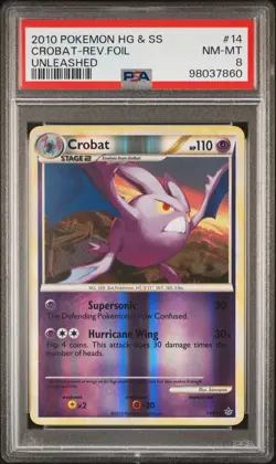 2010 POKEMON HEARTGOLD & SOULSILVER UNLEASHED #14 CROBAT-REVERSE FOIL PSA 8 - Image 1