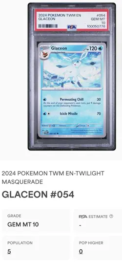 PSA 10 Glaceon TWILIGHT MASQUERADE TWM EN #54 Pokemon POP 5! - Image 3