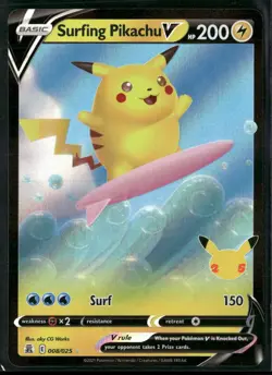 Surfing Pikachu V 008/025 Holo V Rare 2021 Celebrations Pokemon LP - Image 1