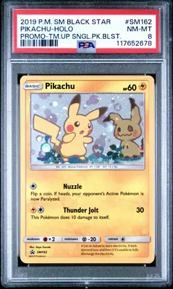 POKEMON TEAM UP SM BLACK STAR PROMO PIKACHU #SM162 HOLO PSA 8 NM #117652678 - Image 1