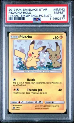 POKEMON TEAM UP SM BLACK STAR PROMO PIKACHU #SM162 HOLO PSA 8 NM #117652677 - Image 1