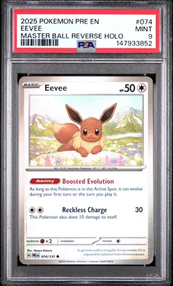 2025 POKEMON PRE EN-PRISMATIC EVOLUTIONS MASTER BALL REVERSE HOLO EEVEE PSA 9 - Image 1