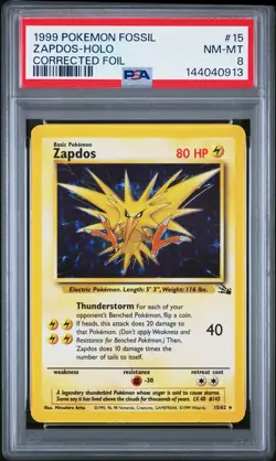 1999 POKEMON FOSSIL CORRECTED FOIL #15 ZAPDOS-HOLO PSA 8 - Image 1