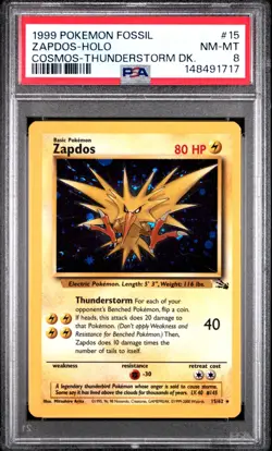 1999 POKEMON FOSSIL COSMOS-THUNDERSTORM DECK #15 ZAPDOS-HOLO PSA 8 - Image 1