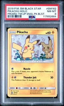 POKEMON TEAM UP BLACK STAR PROMO PIKACHU #SM162 HOLO PSA 8 NM #117652664 (SWIRL) - Image 1