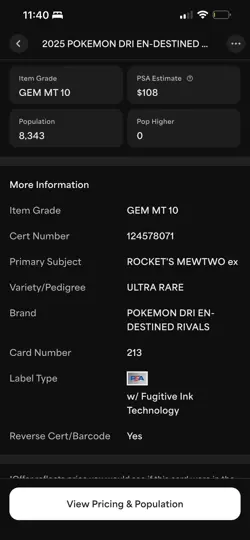 2025 POKEMON EN-SV10 DESTINED RIVALS TEAM ROCKET'S MEWTWO EX 213 PSA 10 - Image 3
