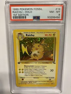 Pokemon TCG Fossil Set Raichu 14/62 1st Edition Holo Rare 1999 French PSA 8 - Image 1
