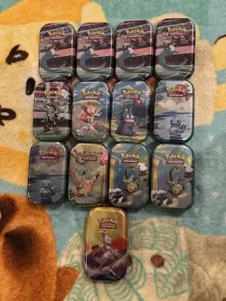 Pokemon TCG Mini Tins Opened Lot of 13 (some empty, some with coin &/or Art Card - Image 1