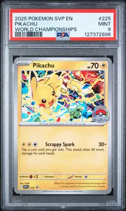 PIKACHU #225 2025 POKEMON SVP EN-SV WORLD CHAMPIONSHIPS BLACK STAR PROMO PSA 9 - Image 1