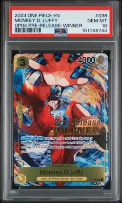2023 One Piece Promos Monkey D. Luffy #036 Op04 Pre-Release-Winner PSA 10 - Image 1
