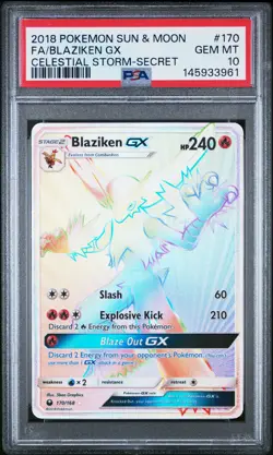 2018 POKEMON SUN & MOON CELESTIAL STORM SECRET #170 FULL ART/BLAZIKEN GX PSA 10 - Image 1
