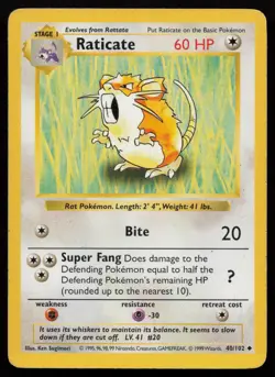 Raticate 40/102 Unlimited Uncommon Base Set Shadowless Pokemon English MP - Image 1